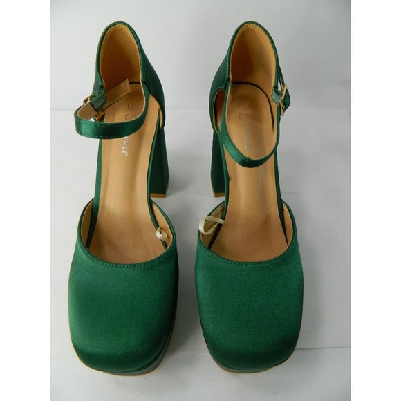 Size 8 Forever Emerald Green Satin Runway Block Heel Closed Toe Shoes Platform - Picture 12 of 16